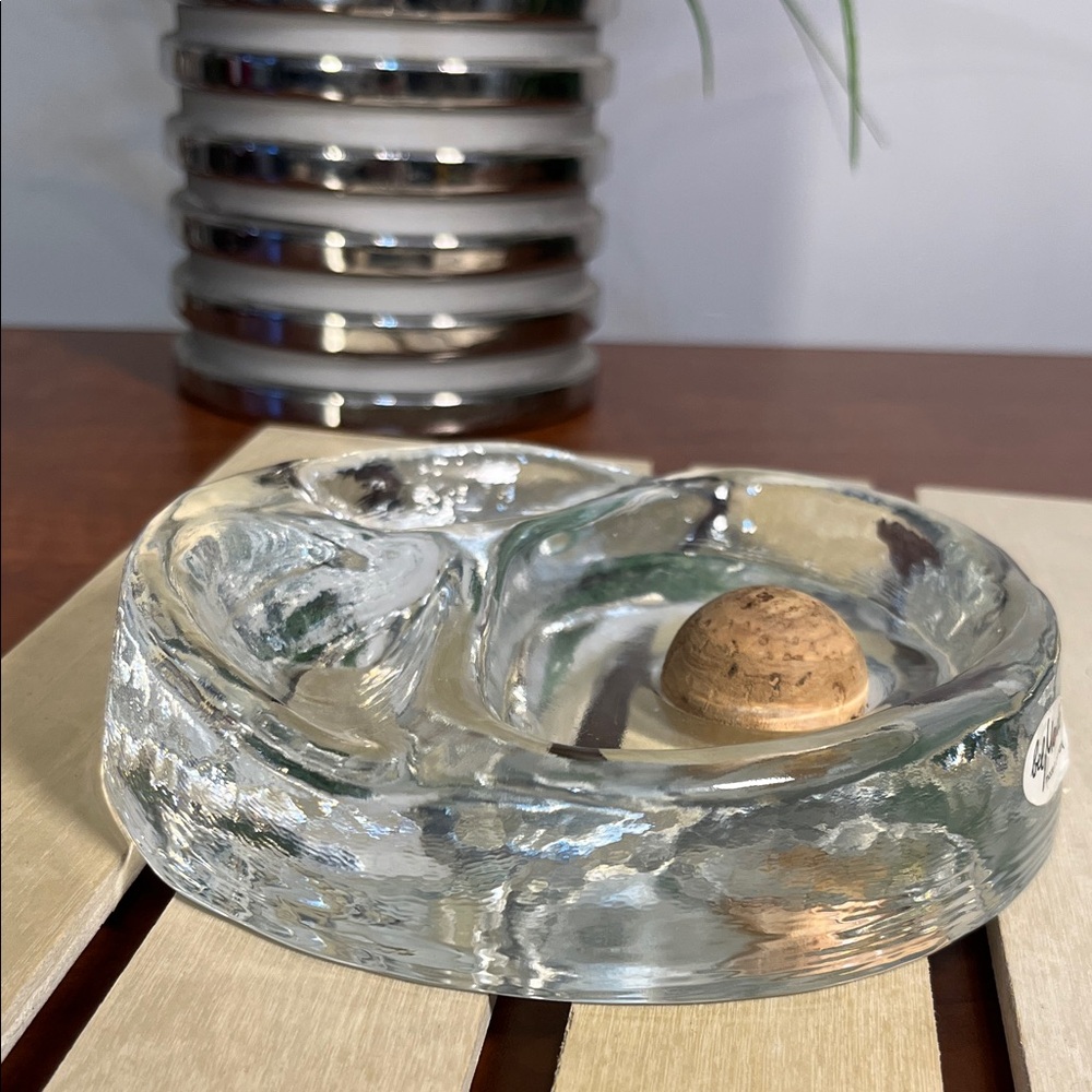 Pipe Ashtray w/ Knocker Cork Center Vintage Heavy Ice Glass Hand form Bel Mondo